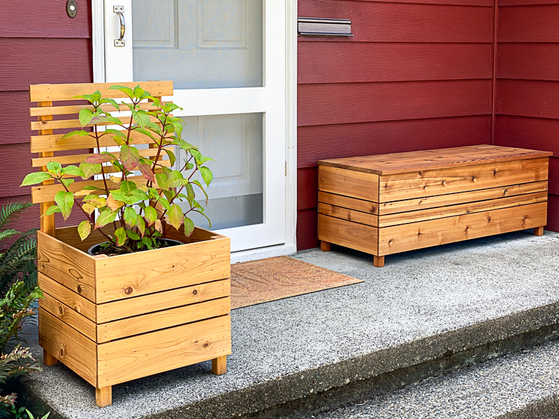 front porch with DIY planter box, screen door and outdoor storage box