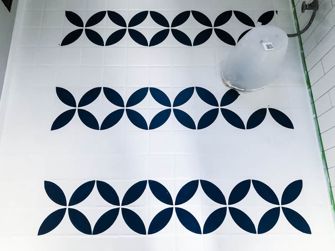 tile floor stencil applied in alternate rows
