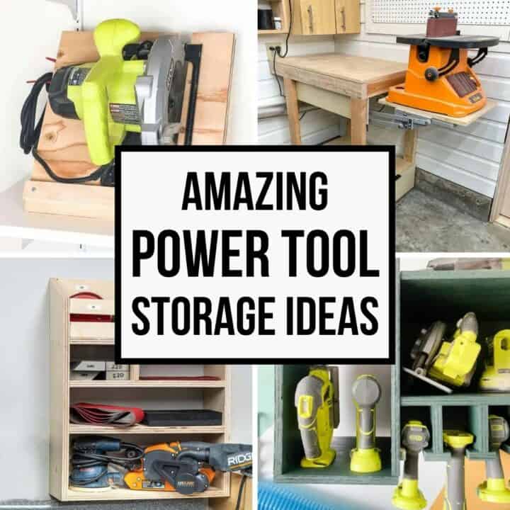 image collage of 4 power tool storage ideas