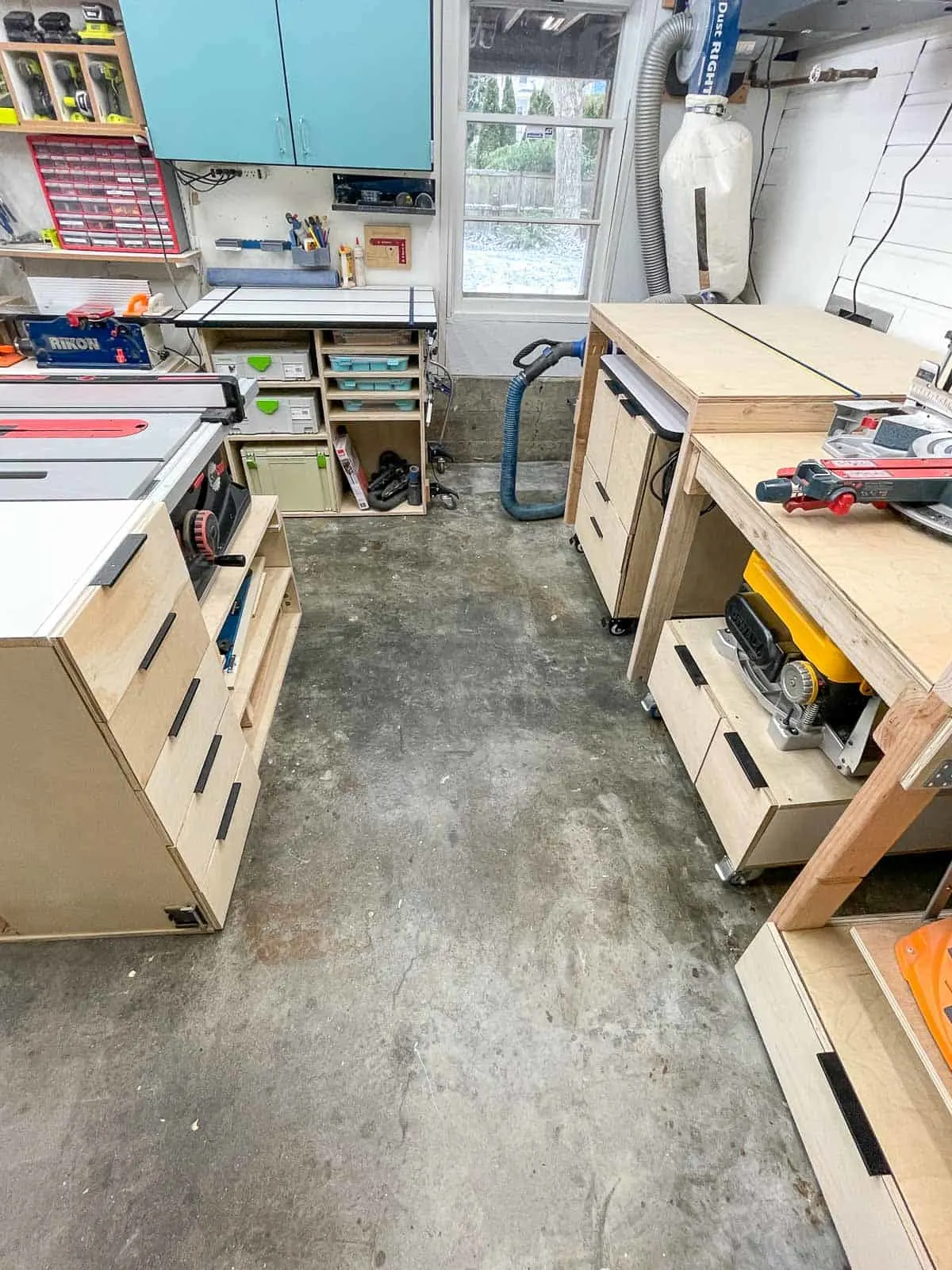 small workshop space with table saw, jointer, t track table, miter saw station, router table, planer, benchtop sander, dust collector and air filtration system